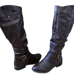 White Mountain Brown Riding Boots size 6 Faux Leather Tall gold Buckle Fall Boot